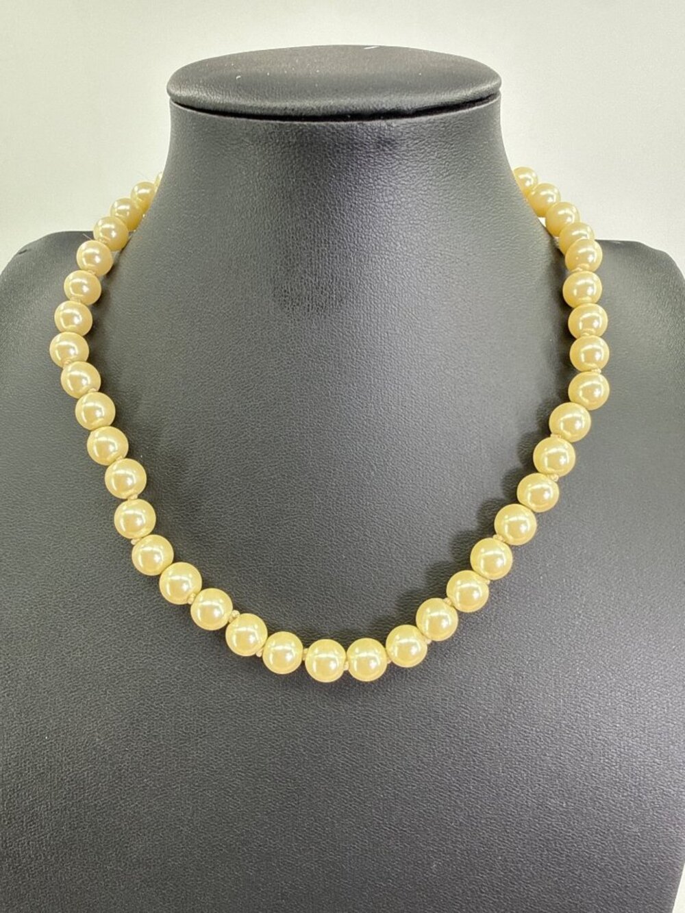 Vintage Champagne Faux Pearl Hand Knotted Necklace Ornate Silver Filigree Clasp